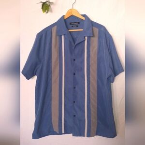 John Henry Silk Bowler Retro Vintage Cubavera Blue and Tan Men's Casual Shirt XL